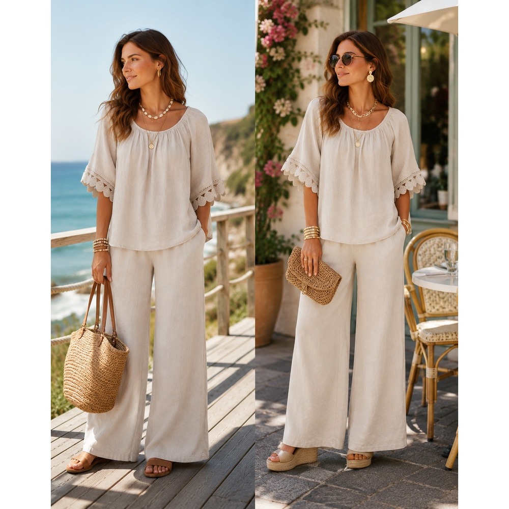 Terzo Millennio Blouse 100% Linen Crochet Lace Trim Boho Made in Italy L
